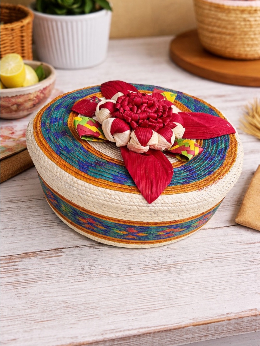 Handwoven Palm Tortillero Natural Straw Basket with Red Floral Accent